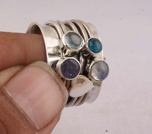 Natural Multi Gemstone <b>Spinner</b> <b>Ring</b> 925 Sterling Silver Vintage Style Rainbow Stone Band <b>Ring</b> for Women Handcrafted Boho Jewelry - Product Image 2