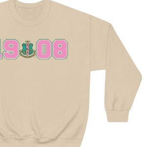 เสื้อสเวตเชิ้ตคอกลมสีเบจพิมพ์ลายกราฟิก 1908 สีชมพูและสีเขียว แขนยาว ผ้าฝ้ายฟลีซ เสื้อพูลโอเวอร์ลำลองสำหรับผู้หญิง เสื้อกันหนาว - Product Image 3