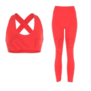 Ensemble de vêtements de sport pour femmes personnalisé en coton 100% tricoté, deux pièces, sans manches, soutien-gorge sans couture, legging imprimé yoga, respirant, séchage rapide - Product Image 1