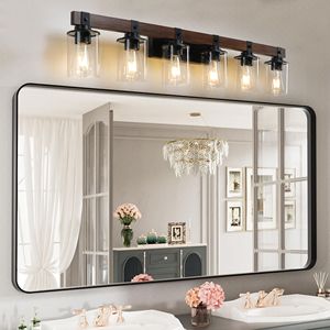 Lampada da Parete Industriale Rustica Moderna da 42 Pollici a 6 Luci per Bagno, con Accenti in Legno e Paralumi in Vetro - Product Image 1
