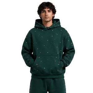 Sweat à capuche vert foncé avec strass pour homme, coupe oversize, en polaire, personnalisable avec logo, streetwear, épais, décontracté, hiver - Product Image 1
