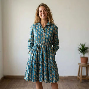 Exquisito Vestido Midi de Algodón con Estampado Floral Teal para Mujer, Tejido de Algodón Transpirable de Primera Calidad, Estilo Camisa de Manga Larga - Product Image 1