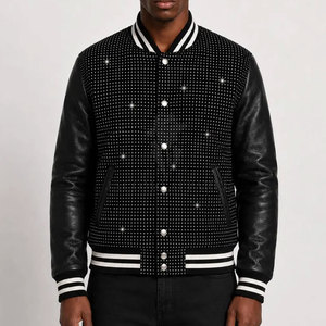 Chaqueta de cuero de invierno para hombre con pedrería, estilo motociclista, cierre completo, cuello alto, forro suave, ropa exterior informal, MOQ bajo - Product Image 4