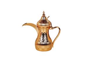 Dallah decorativa de estilo árabe con acabado personalizado en dorado para hoteles, con asa, disponible a un precio económico. - Product Image 1