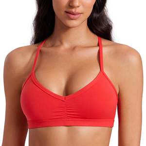 Women Black Seamless Sports Bra V-neck Spaghetti Strap <b>Ruched</b> Breathable Activewear Yoga Top Solid Color Front Logo 1-Piece - Product Image 6
