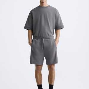 Conjunto de Camisa Casual de Verano para Hombre, Color Gris Sólido, Transpirable, de Algodón Tejido, Manga Corta, Pantalones Cortos con Cintura Ajustable con Cordón - Product Image 1