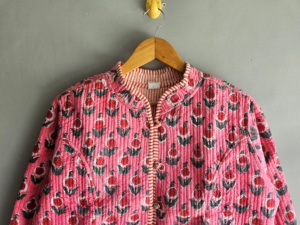 Pink Floral Quilted <b>Jacket</b> <b>Mandarin</b> <b>Collar</b> Full Sleeve Cotton Hand Embroidered Autumn Wear GIFT FOR HER - Product Image 4