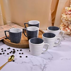 Ensemble de 2 tasses en céramique émaillée texturée ondulée grise et blanche, compatibles micro-ondes, 350 ml, en grès, pour thé/café - Product Image 1