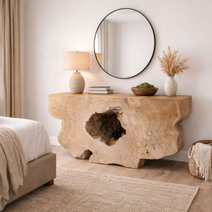 Table console durable en bois de teck recyclé sculpté à la main, design abstrait éco-responsable, best-seller pour couloir - Product Image 4