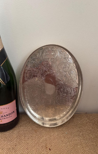 Vintage Silver Plated Oval Gallery Tray Pierced Reticulated Edge Engraved Acanthus Scrollwork Base Platter for <b>Home</b> & Hotel Deco - Product Image 5