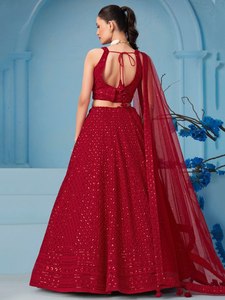 Vestido de Dama de Honor Rojo de Georgette con Lentejuelas Resham Bordadas, Traje de Fiesta de Boda para Mujer - Product Image 4