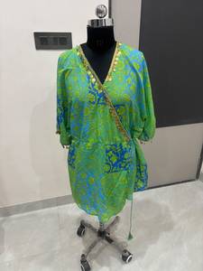 Wholesale Green Color Floral Print V Neck Kimono Half Sleeve Gold Coin Lace Trim <b>Wrap</b> Waist Holiday Premium Women's <b>Beach</b> Wear - Product Image 1