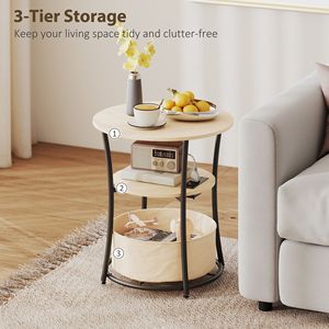 Natural Wood 3-Tier <b>Round</b> <b>Side</b> <b>Table</b> with Charging Station Fabric Storage Bag and Shelf As Coffee <b>Table</b> - Product Image 5
