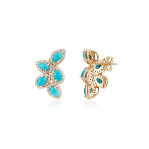 Boucles d'oreilles clous uniques faites à la main en forme d'ailes avec halo de turquoise cabochon et diamants, pierre de naissance de décembre - Product Image 5