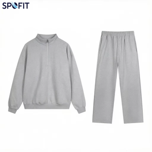 Conjunto Deportivo SPOFIT Unisex Gris de 2 Piezas, Sudadera de Manga Larga con Cuello Alto y Cremallera, Corte Holgado Informal para Todas las Temporadas, Tejido de Algodón - Product Image 1