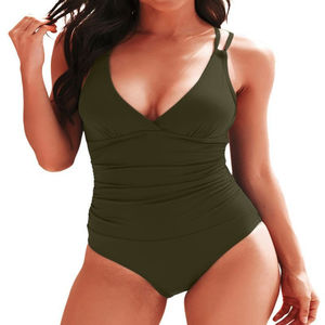 Traje de Baño Bikini de Talla Grande para Mujer, Ecológico, Corte Alto, Cuello Halter, Poliéster/Nailon, Retro 2022, Negro y Verde, para Adultos - Product Image 5