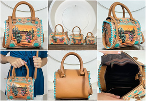 New Designer Pattern Hand <b>Tooled</b> Genuine Cowhide Leather <b>Small</b> Speedy Bag Desert Cactus Design Overnight Travel Bag for Unisex - Product Image 3