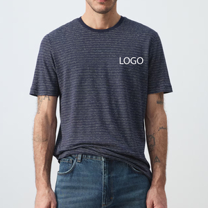 Camiseta de Algodón Ultra Peinado para Hombre, Diseño Elegante, Cuello Redondo, Manga Corta, Diseño a Rayas, Corte Ajustado, Lino - Product Image 1