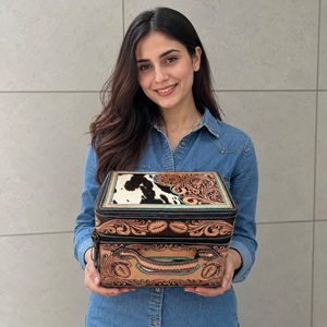 Handcrafted Hand Tooled Leather Stylish Makeup Cosmetic Storage Box Handmade Toiletry Travel Bags for Women Organizer Box - Product Image 3