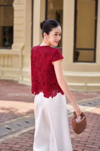 Women's Red Floral Lace Blouse Cap Sleeve O-Neck Sheer <b>Layer</b> Elegant Feminine <b>Top</b> Spring Summer Wear VELA - Product Image 4