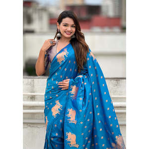 ผ้าซารีทอสีน้ำเงินรามา ลายเอลีทวีฟส์ ดูอัล ซาเร่ พร้อมขอบผ้าแนนดี ผ้าไหมเนื้อนุ่ม 700 กรัม สำหรับชุดคลับ - Product Image 2