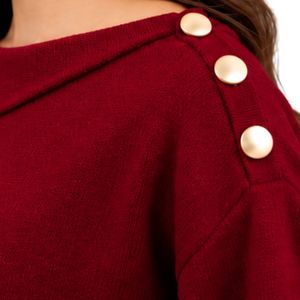 <b>Womens</b> <b>Burgundy</b> Red Knit Sweater Gold Button Shoulder Detail Asymmetric Neckline Long Sleeve Casual Pullover Fashion Winter <b>Top</b> - Product Image 6