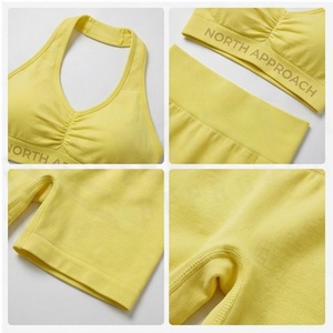 Ensemble de yoga 2 pièces North Approach jaune uni, short taille haute et haut dos nu col en V, sans couture, respirant, vêtements de sport - Product Image 4