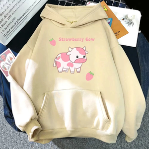 เสื้อฮู้ดผู้หญิง คุณภาพดี ลายวัวและสตรอว์เบอร์รี น่ารัก สไตล์ลำลอง สำหรับฤดูใบไม้ร่วงและฤดูหนาว - Product Image 3
