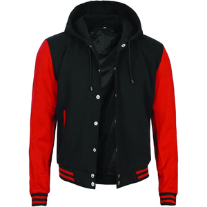 <b>Men's</b> Black Red Color Block Varsity <b>Jacket</b> Hooded Casual Cotton Polyester Sleeve Regular Fit Autumn Wear - Product Image 1