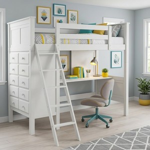 Lit superposé moderne avec bureau et commode en bois massif blanc style scandinave, lit superposé avec rangement - Product Image 1