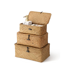 Handwoven Seagrass Storage <b>Basket</b> <b>with</b> <b>Lid</b> Set 3 Multipurpose Storage Boxes for Home Organization from Vietnam - Product Image 1