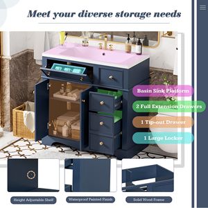 Mobile bagno freestanding da 36 pollici con 3 cassetti, telaio in legno massello e lavabo in resina - Combinazione mobiletto contenitore per bagno - Product Image 5