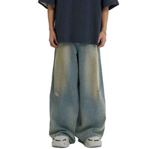 Pantalones Vaqueros Personalizados al por Mayor para Hombre, Diseño Bicolor con Empalmes, Estilo Vintage Oscuro Desgastado, Ecológicos, de Cintura Media, Pierna Ancha, Estilo Urbano, 100% - Product Image 3