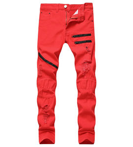 Vaqueros de motociclista ajustados para hombre, de mezclilla plisada blanca, diseño largo y recto lavado, ideales para uso casual y motociclismo. - Product Image 1