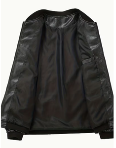 TRIBON SPORTS Men's Black Cowhide <b>Leather</b> Bomber <b>Jacket</b> Stand Collar Zipper Closure Slim Fit Regular Sleeve Casual <b>Winter</b> - Product Image 3