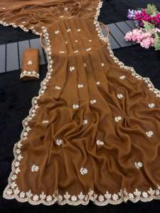 Magnifique sari indien en georgette étoilée avec broderies et travail manuel pour tenue de mariage et de soirée pour femmes, vêtements de cérémonie - Product Image 4