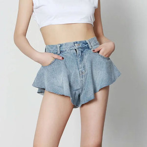 Jupe-short en jean taille haute pour femme, décontractée, en tissu de coton délavé, avec poches et fermeture boutonnée - Product Image 5