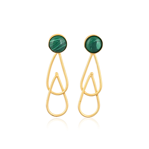 Boucles d'oreilles pendantes en laiton plaqué or avec pierre précieuse naturelle en malachite, bijoux de mode pour femmes - Product Image 1