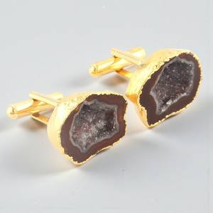 กระดุมข้อมือหินอาเกตดรูซี่สีดำเคลือบทอง ทำด้วยมือสำหรับผู้ชาย เครื่องประดับกระดุมข้อมือหินดรูซี่ - Product Image 4