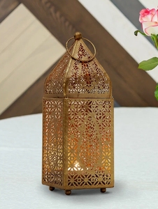 Portavelas Decorativo de Metal Marroquí Dorado Antiguo con Diseño Calado para Decoración Bohemia del Hogar, Centro de Mesa para Bodas - Product Image 2