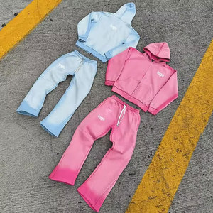 ชุดวอร์มสไตล์วินเทจแบบดิสเทรส ชุดเซ็ตเสื้อฮู้ดดี้ทรงแฟลร์ย้อมสีเอซิดและกางเกงขายาวทรงสเวตแพนท์  สำหรับผู้ชาย สตรีทแวร์ลายกราฟิก - Product Image 3