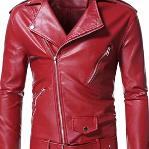 Custom Red Faux <b>Leather</b> Biker <b>Jacket</b> High Design Collar Slim Fit Coat With Belted Casual Outerwear For Unisex Comfort Wear - Product Image 5