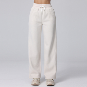 Pantalon large taille haute pour femme, couleur unie, cordon de serrage, coupe ample, décontracté, longueur complète, avec poches, en coton, pour l'automne - Product Image 1