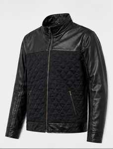 Chaqueta de moto de cuero original para hombre, azul y marrón, con cuello alto, cierre de cremallera, corte ajustado, manga regular, estilo color block para otoño - Product Image 4