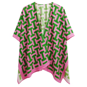 AKA <b>Pink</b> & Green Geometric Viscose Ruana Lightweight Kimono Cover Up Open Front Shawl <b>Wrap</b> Women's Fashion - Product Image 1