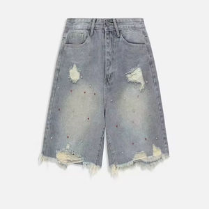 กางเกงยีนส์ขาสั้นผู้ชายแบบกำหนดเอง ประดับด้วยคริสตัล แต่งขอบขาดๆ สไตล์ฤดูร้อน - Product Image 5