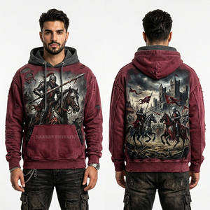 Sweat à capuche bicolore bordeaux délavé style streetwear avec motif Chevalier Duel Château pour homme, lavage vintage, tissu épais - Product Image 1