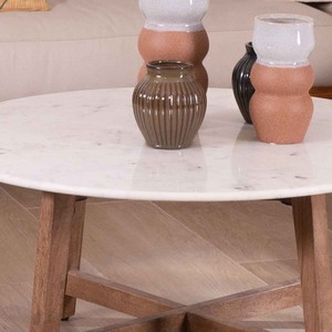 Mesa redonda de mármol Vandana Golden Sense de 90 cm con patas anguladas de madera maciza de mango Lor - Product Image 4