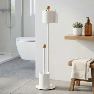 <b>Shopee</b> Sale Modern White Metal Toilet Paper Roll Holder Brush No Drilling Required Household Home Storage Free Standing Pristine - Product Image 1