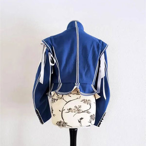 Doblete de lana azul con adornos y cintas blancas, doblete histórico del siglo XVII, chaqueta forrada hecha a mano - Product Image 6